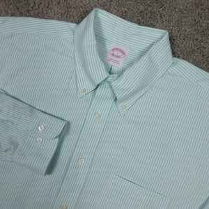 Brooks Brothers Shirt Mens Large Green Striped Oxford OCBD Cotton Button Up EUC